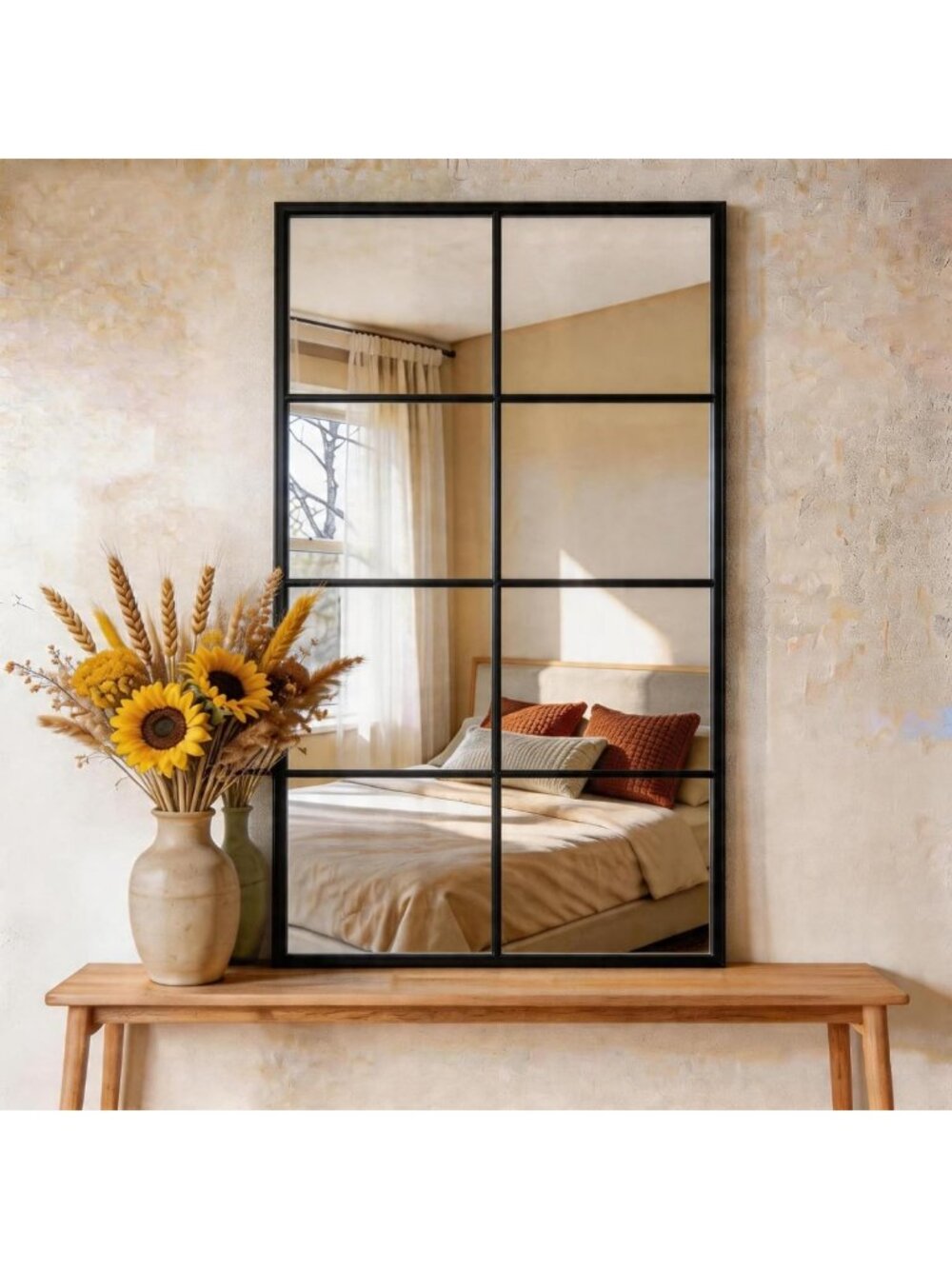 Stylish Black Framed Window Pane Wall Mirror 16x32" for Living Room, Bathroom